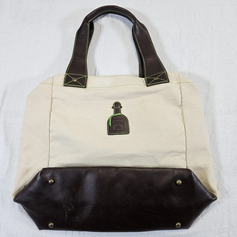 Patron‎ Tequila Canvas Tote Bag Brown Leather Trim Green Lining Insulated Pocket